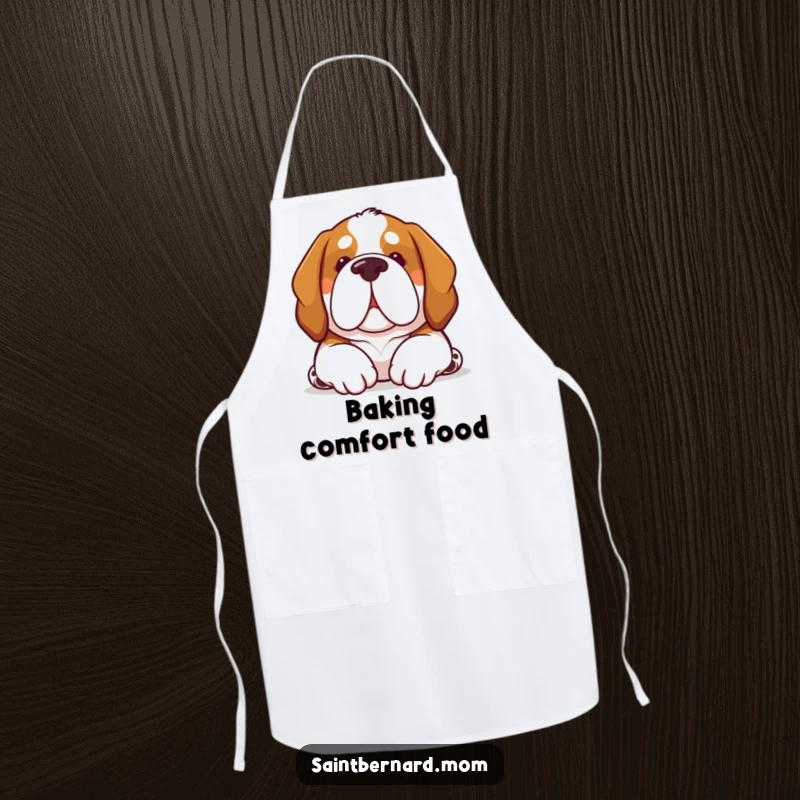 Funny Kawaii Saint Bernard dog apron, cute pup offering a soft nuzzle, durable and washable kitchen wear.