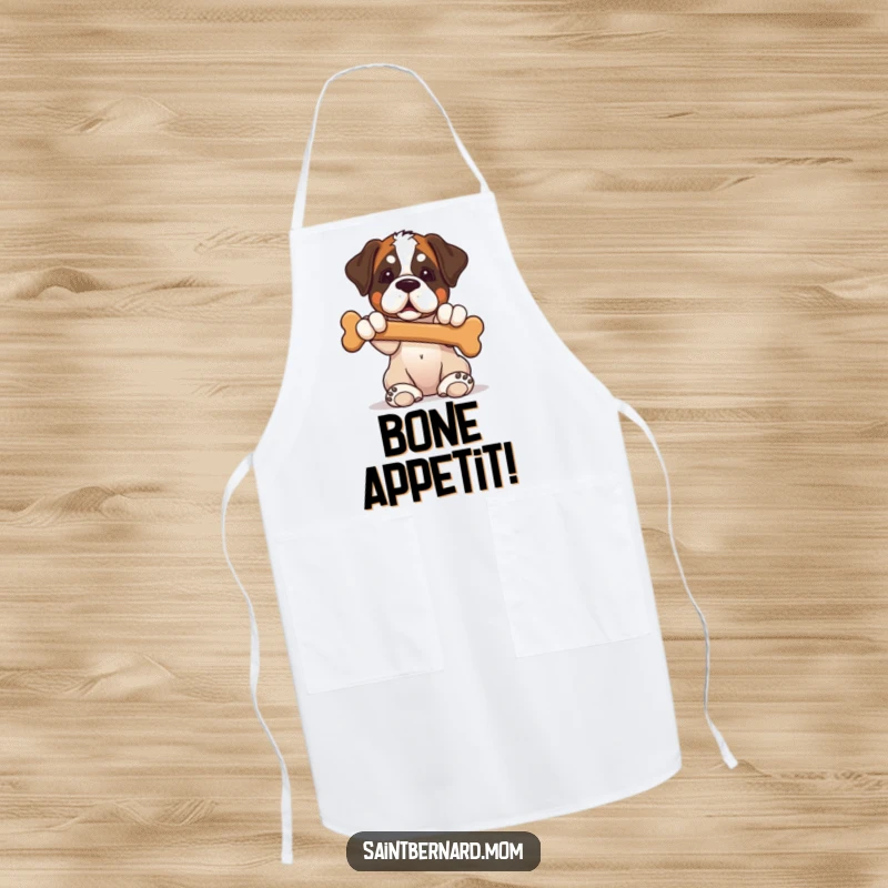 Funny Saint Bernard puppy apron showing a dog sitting with paws up, offering a bone, perfect for kitchen fun.
