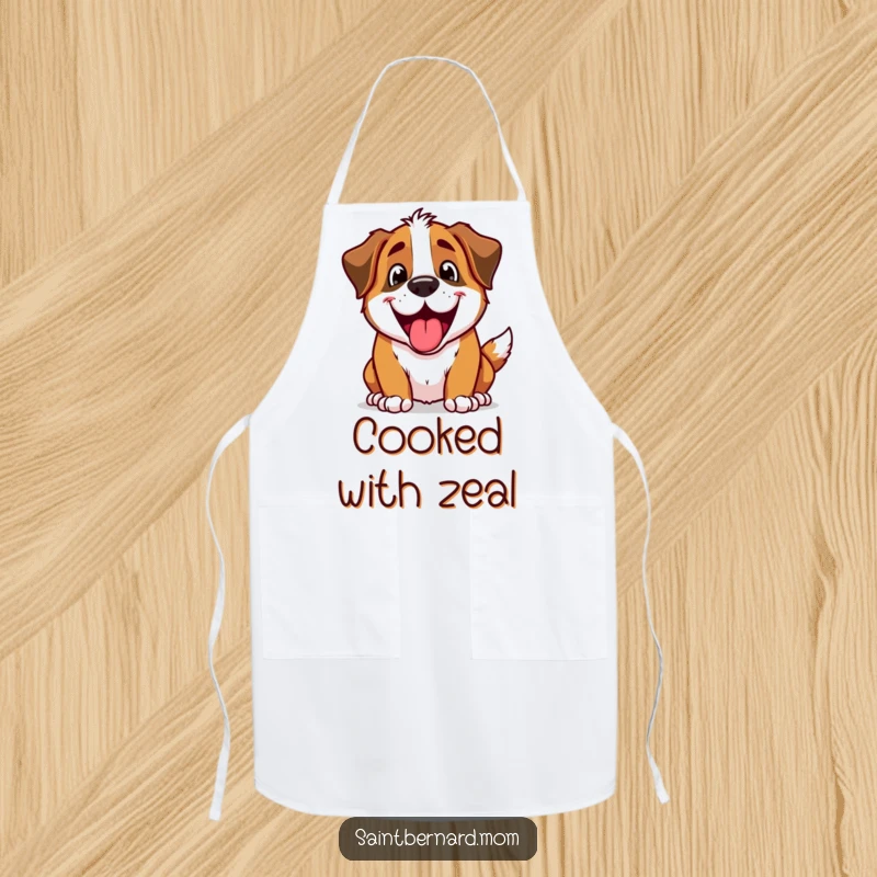 Funny Saint Bernard dog character with a happy, excited panting expression on a durable apron.
