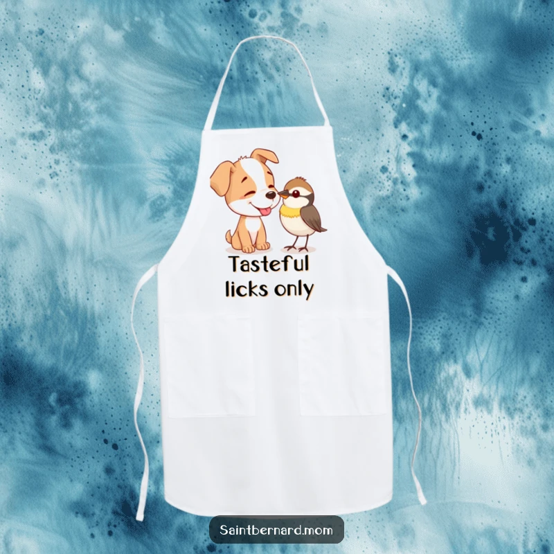 Funny Apron: A dog gently offers a lick to a tiny, curious bird, perfect for a kind-hearted cook.