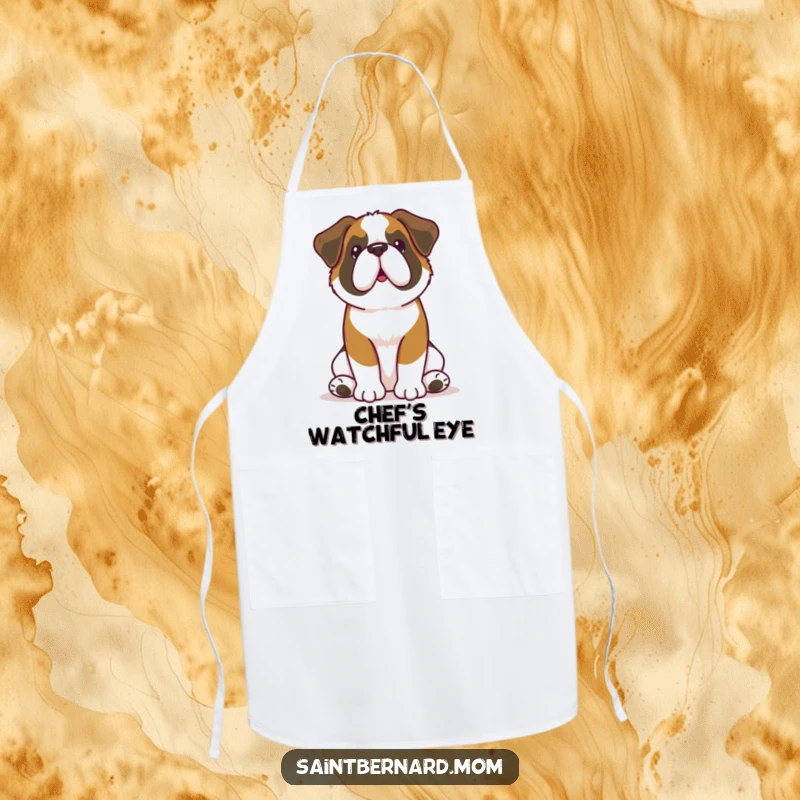 Funny Kawaii Saint Bernard apron designed for cooking, showcasing a dog sitting attentively with perked ears, adding humorous loyalty to the kitchen.