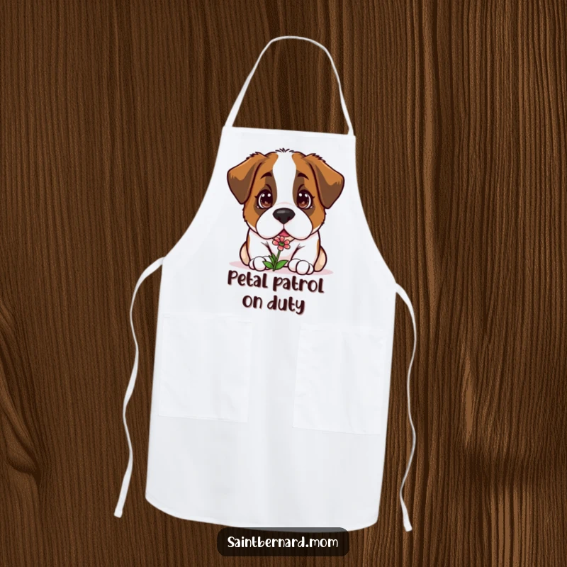Funny Kawaii Saint Bernard apron, a curious dog sniffing a small flower, acting as a charming kitchen assistant.