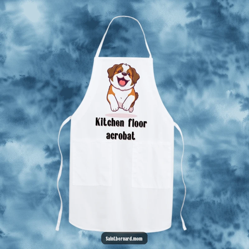 Funny Kawaii Saint Bernard apron, a dog doing a happy roll with pure glee, acting as a cheerful kitchen assistant.