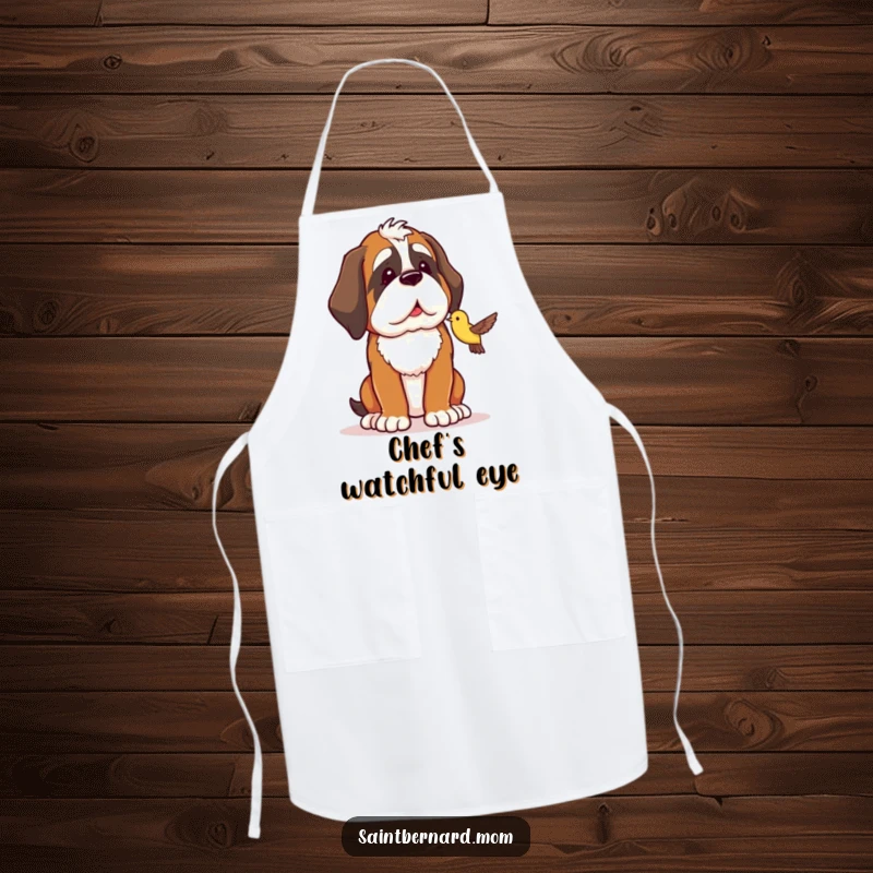 Funny Saint Bernard apron with a design of a dog protectively observing a small bird, great for cooking.