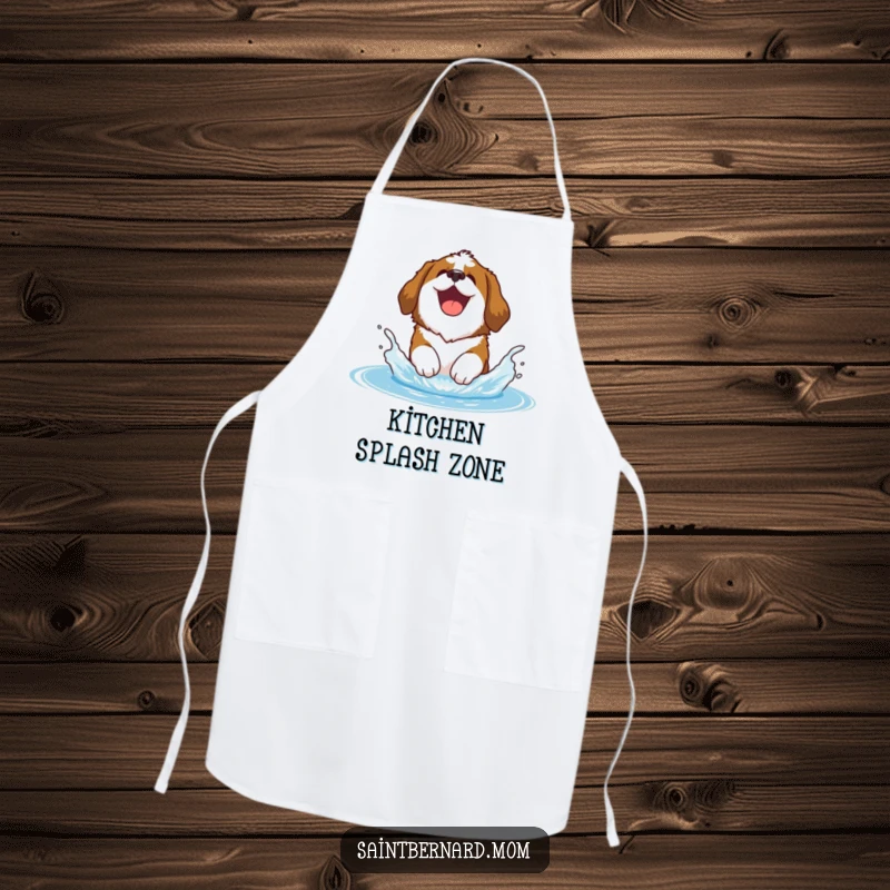 Funny Saint Bernard apron showing a happy Saint Bernard dog joyfully splashing in water, ideal for cheerful cooking.