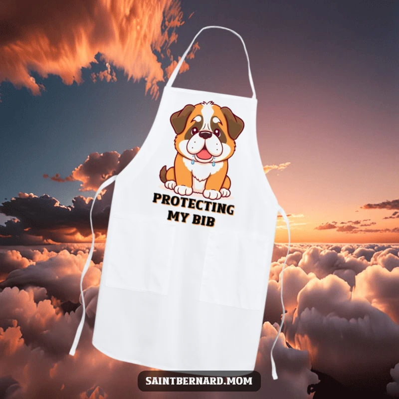 Funny Saint Bernard dog apron with a warm, friendly drool design, ideal for humorous kitchen use.