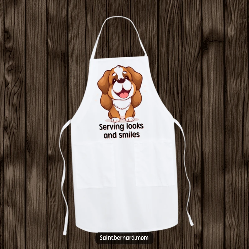 Funny Saint Bernard Lady Apron featuring a cheerful dog with a happy bark, ready to add joy to any culinary creation.