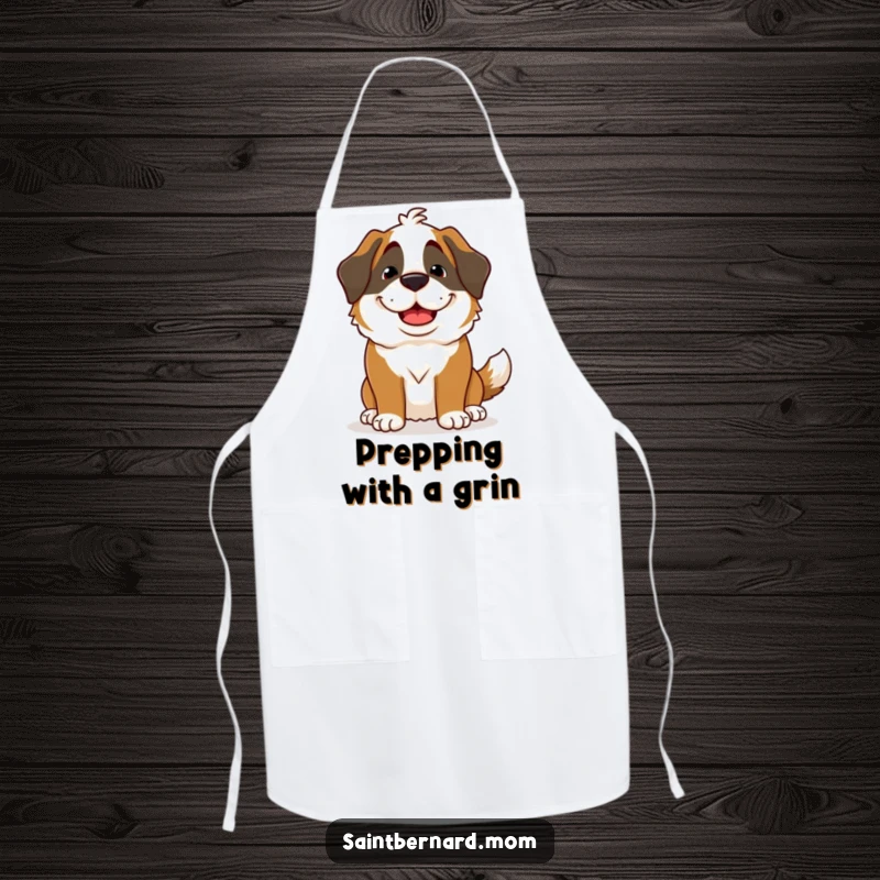 Funny Saint Bernard Lady Apron showing a dog with a goofy grin and wagging tail, ready to add fun to cooking.