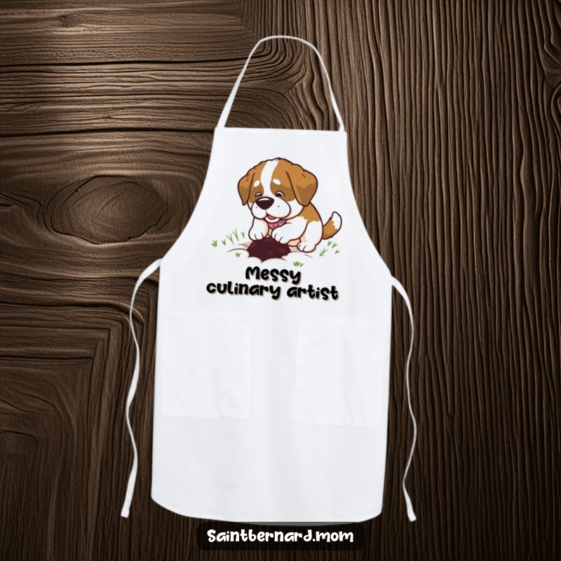 Funny Saint Bernard Lady Apron, happily digging a small hole with joyful enthusiasm, ready for kitchen creations.