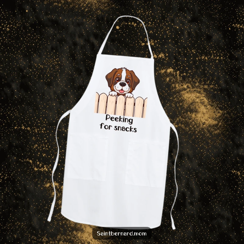 Funny Saint Bernard apron showing a dog peeking over a fence with a friendly, curious expression, perfect for chefs.