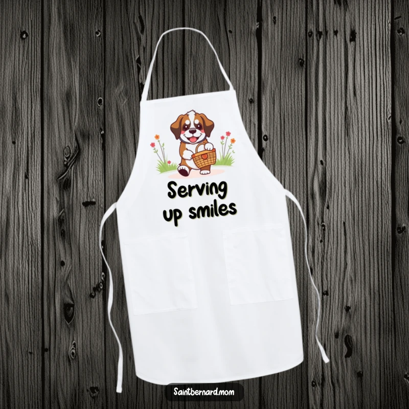 Funny kawaii Saint Bernard dog wearing an apron, grinning while carrying a tiny picnic basket, bringing doggy delight to the kitchen.