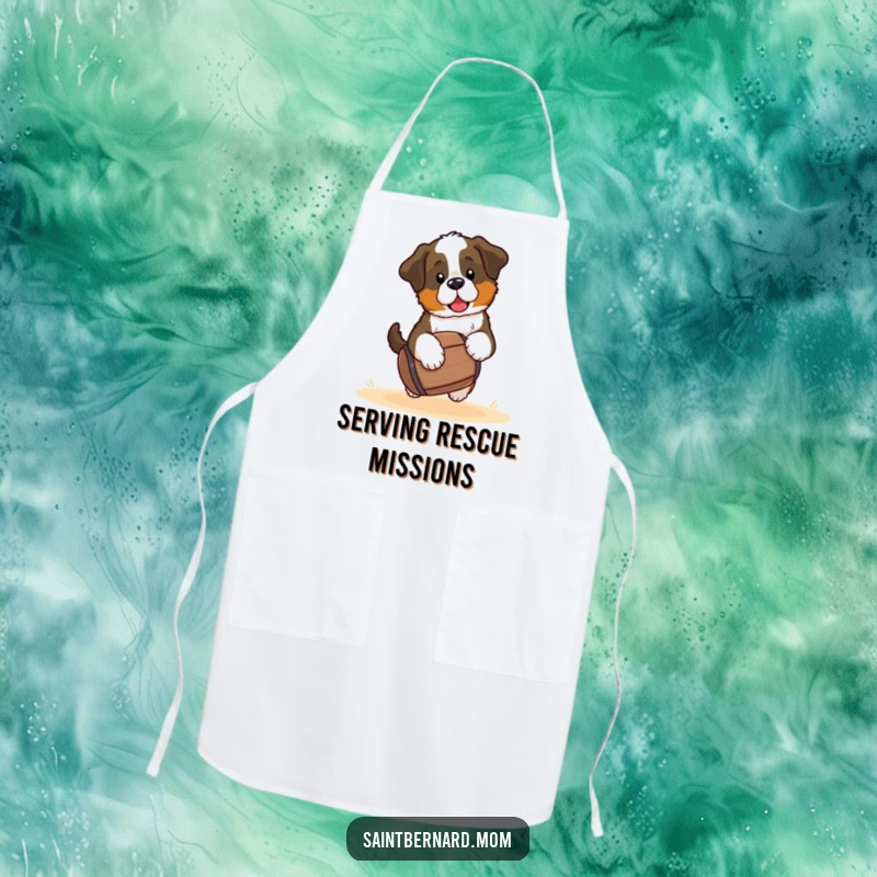 Funny Saint Bernard puppy apron, a kawaii dog carrying a small barrel, perfect for kitchen fun and making cooking a joyous, humorous task.