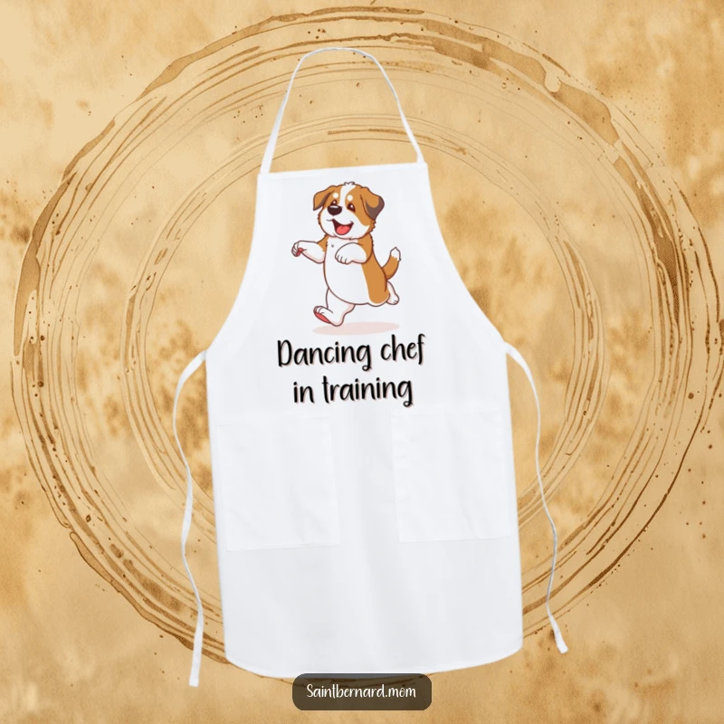 Funny Saint Bernard puppy apron showing a dog dancing with clumsy, happy steps, perfect for kitchen duties.