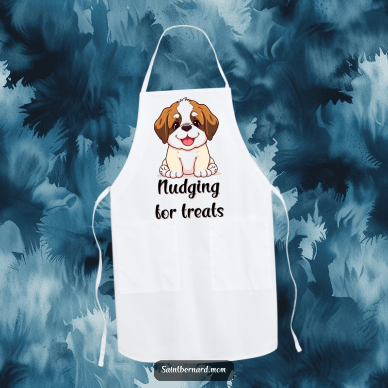 Funny Saint Bernard puppy apron showing a dog giving a happy, gentle nudge, perfect for kitchen duties.