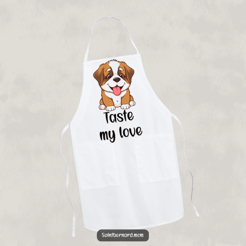 Funny Saint Bernard puppy apron, a smiling dog offering a big lick, perfect for adding humor and cheer to kitchen activities, great gift.