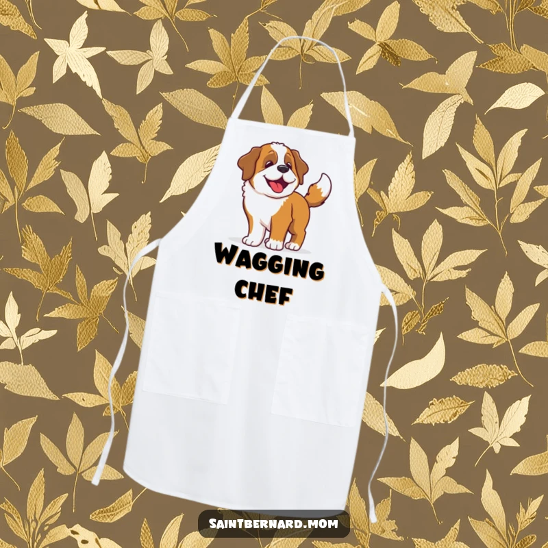 Funny Saint Bernard apron featuring a happy dog whose whole body wiggles with joy from its enthusiastic tail wagging.