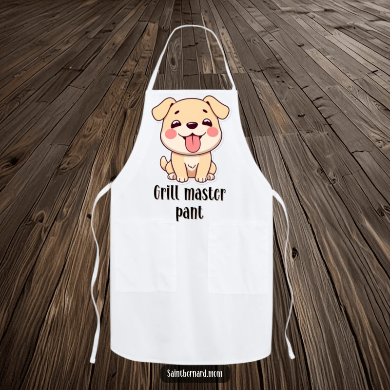 Funny apron depicting a large, gentle dog character joyfully panting with its tongue out, ready to add smiles to any cooking session.