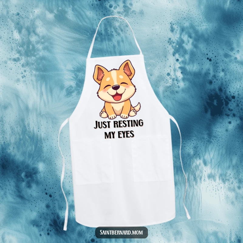 Funny apron with a dog sighing contentedly, perfect for kitchen tasks, adding humor and relaxation to cooking.
