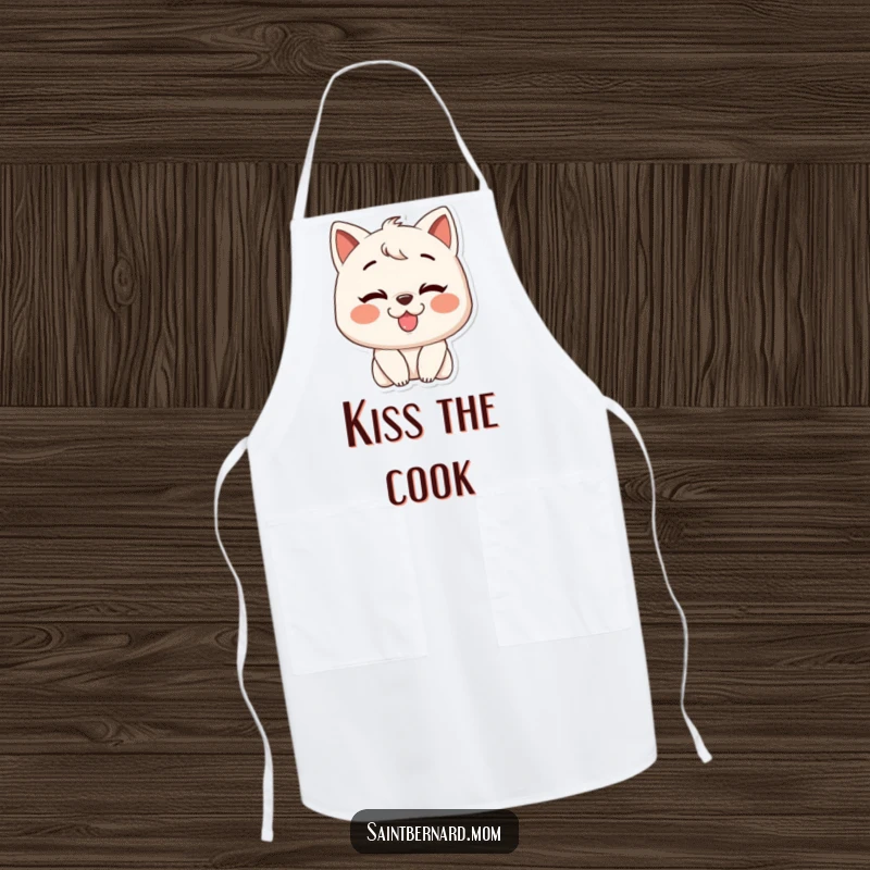 Funny apron featuring a character with a huge grin, offering a slobbery kiss, blending kitchen practicality with a heartwarming theme of affection.