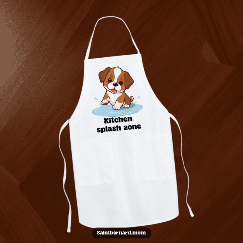 Funny Kawaii Saint Bernard apron showing a cute dog playfully splashing in a small puddle, making kitchen tasks more enjoyable and humorous.