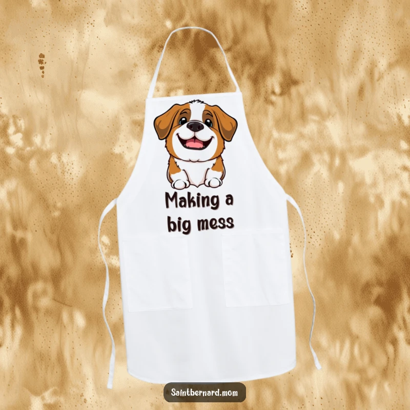 Funny Kawaii Saint Bernard dog apron, cute pup barking a hearty hello, durable and washable kitchen wear.