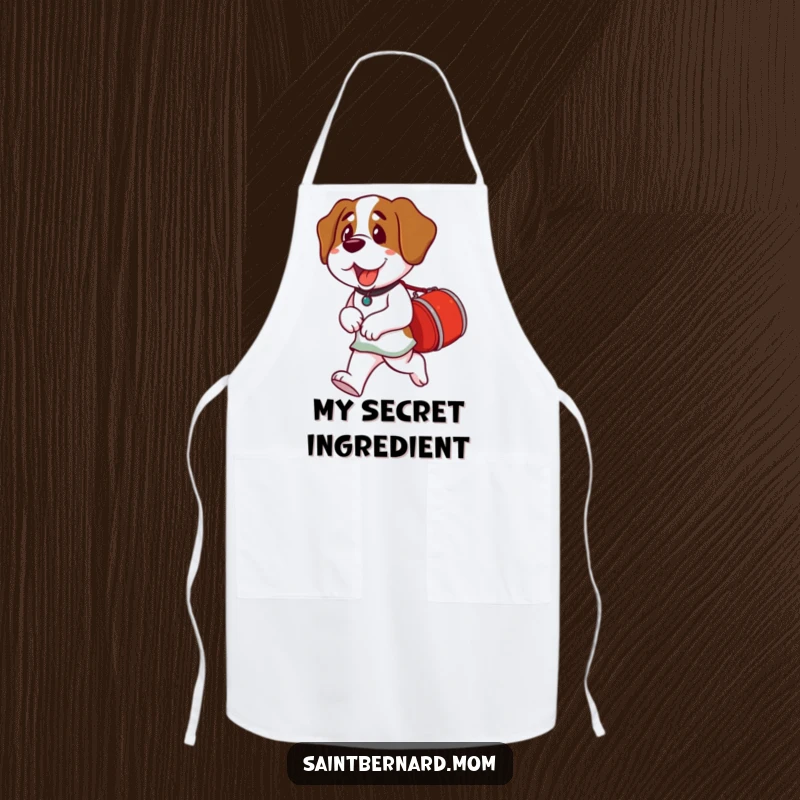 Funny Saint Bernard Lady Apron showing a dog carrying a small red barrel, ready to assist in culinary adventures with a smile.
