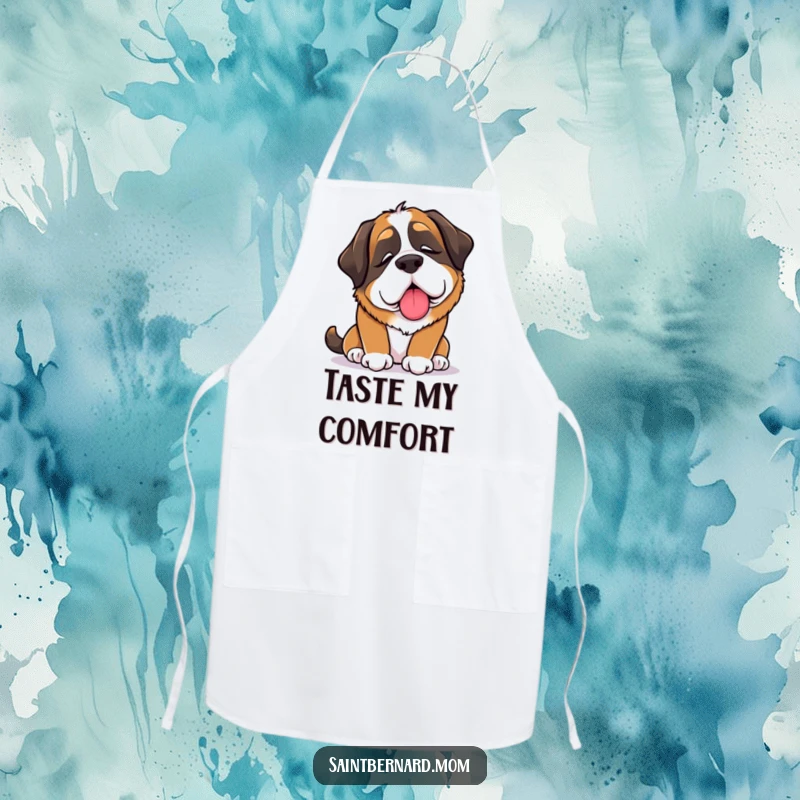 Funny Saint Bernard Lady Apron showing a dog offering a comforting lick, ready to add a touch of care to cooking.