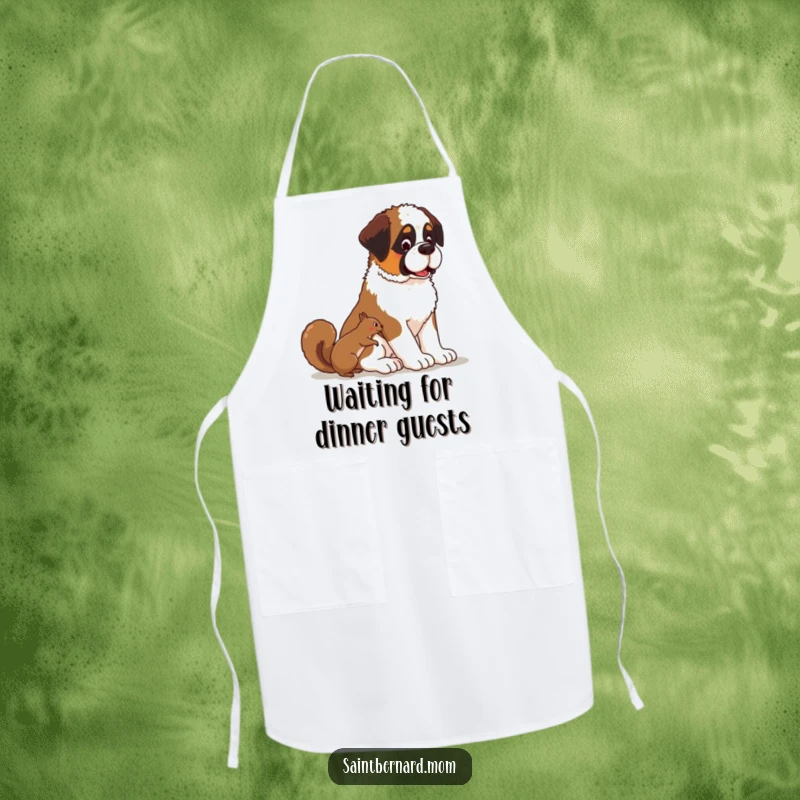Funny Kawaii Saint Bernard dog apron, cute pup patiently observing a squirrel, durable and washable kitchen wear.
