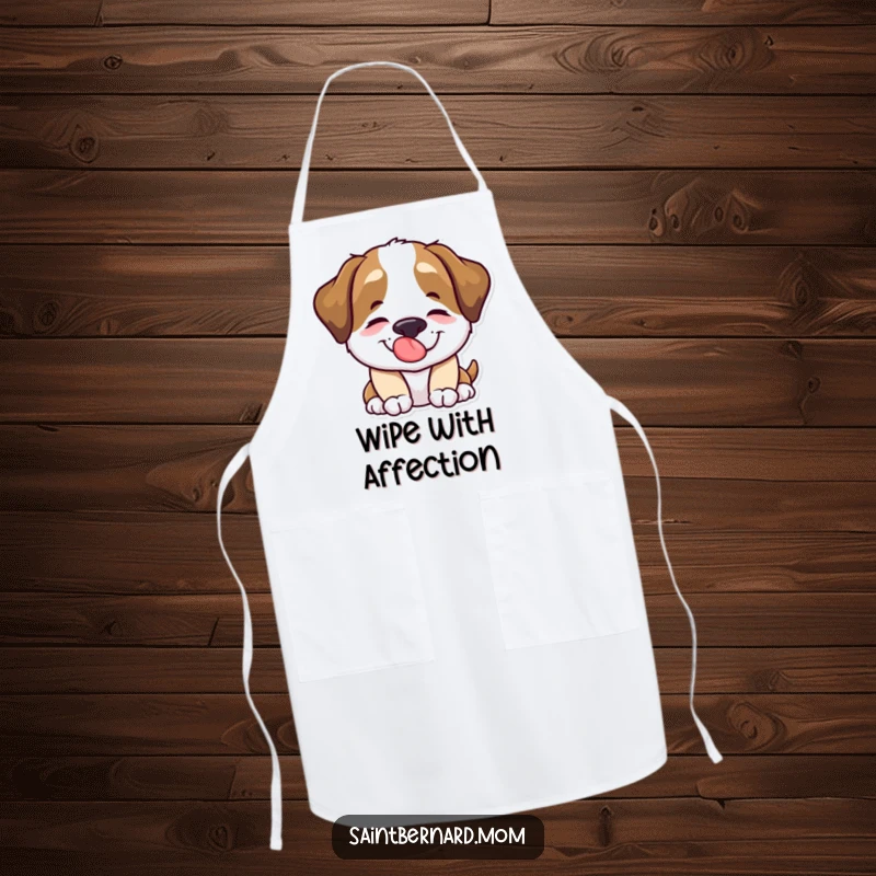 Funny Saint Bernard dog character giving a comforting lick on a durable apron, perfect for cooking.