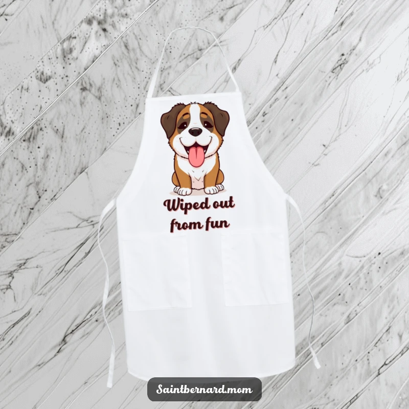Funny Saint Bernard Lady Apron, enthusiastically panting with happiness, a humorous and practical addition to any kitchen.