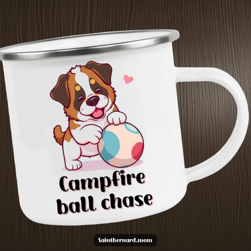 Funny Saint Bernard Lady Camping Mug featuring a dog playfully nudging a rolling ball, ideal for outdoor fun and refreshment.
