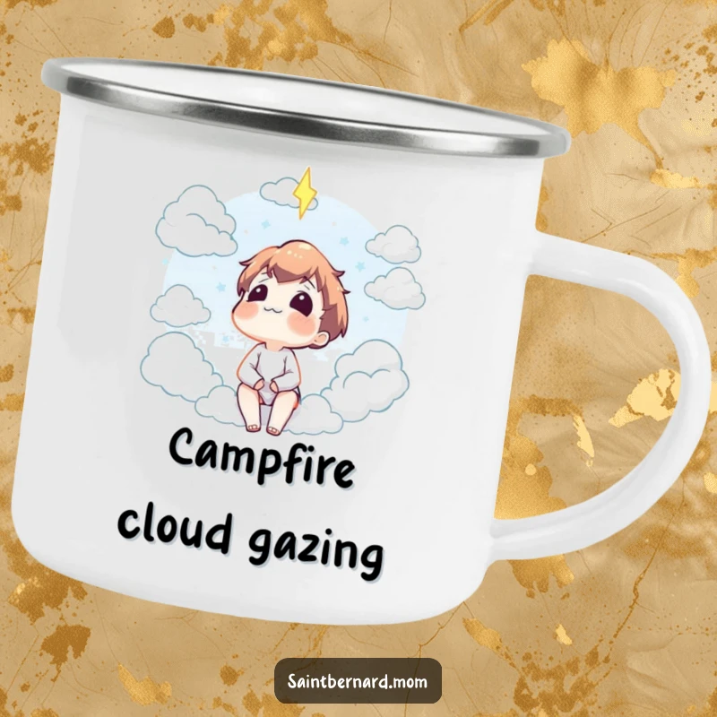 Funny camping mug featuring a character gazing contentedly at fluffy clouds, ready for peaceful outdoor enjoyment and a warm drink.