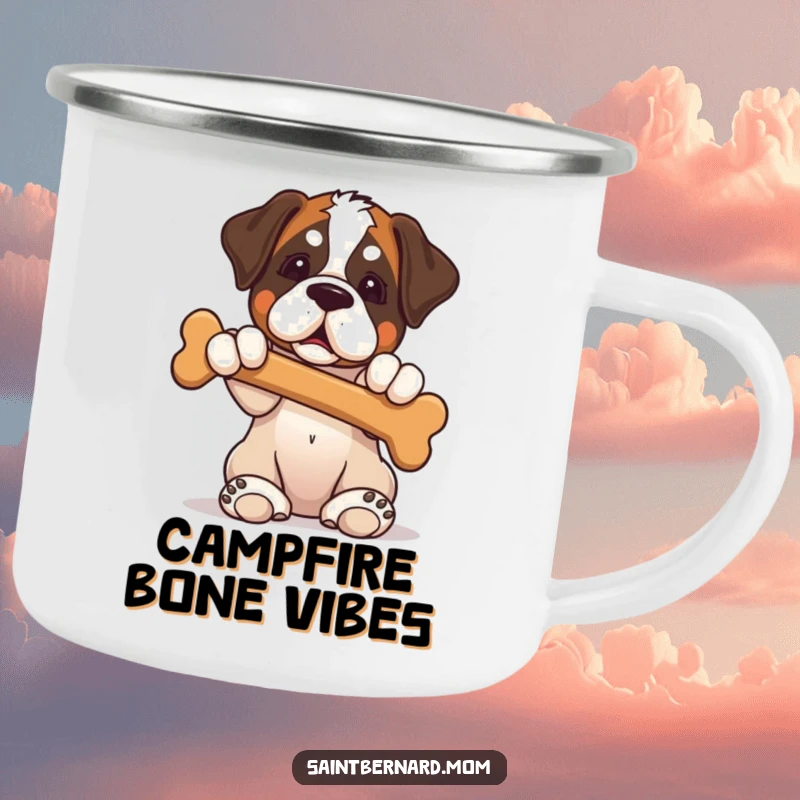 Funny Saint Bernard puppy camping mug showing a dog offering a bone, perfect for cozy outdoor moments.