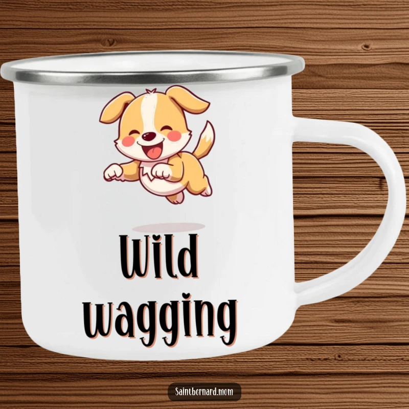 Funny camping mug with an energetic dog character joyfully bounding, tail held high and wagging, perfect for enjoying beverages outdoors.