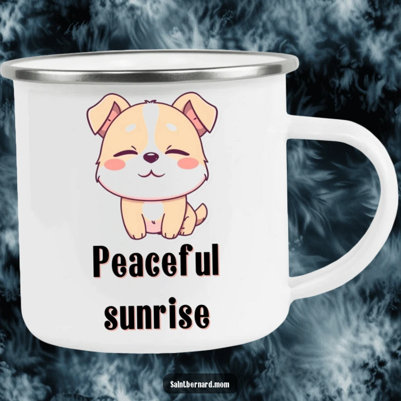 Funny camping mug with a dog character in absolute contentment, eyes softly half-closed, perfect for enjoying beverages outdoors.
