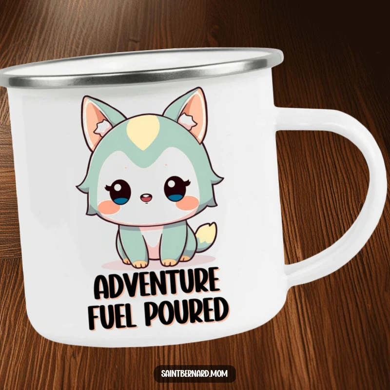 Funny Camping Mug: Durable enamel mug with an alert, friendly dog character and a gentle wag, perfect for outdoor trips and cheerful sips, a great funny gift.