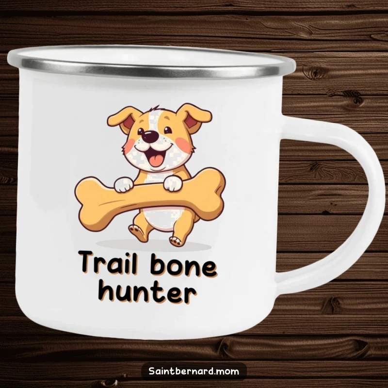 Funny fetching dog camping mug, showing an energetic dog with a huge bone, perfect for adventures.