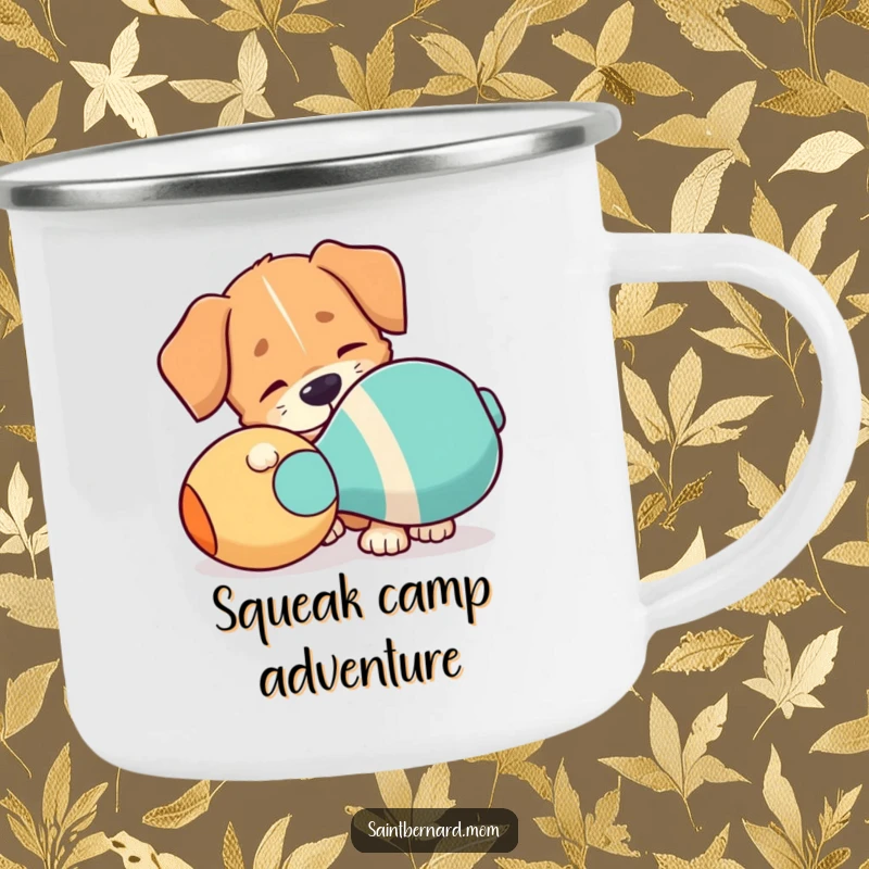 Funny Camping Mug: A dog with a floppy ear playfully nudging a giant squeaky toy, ready for outdoor fun.