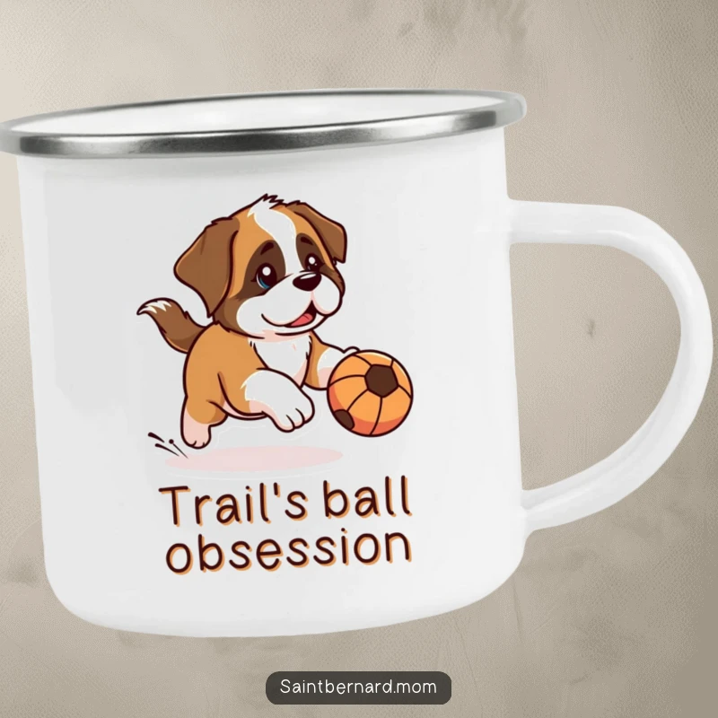 Funny Kawaii Saint Bernard camping mug featuring a dog with a determined look, chasing a rolling ball, perfect for outdoor drinks.