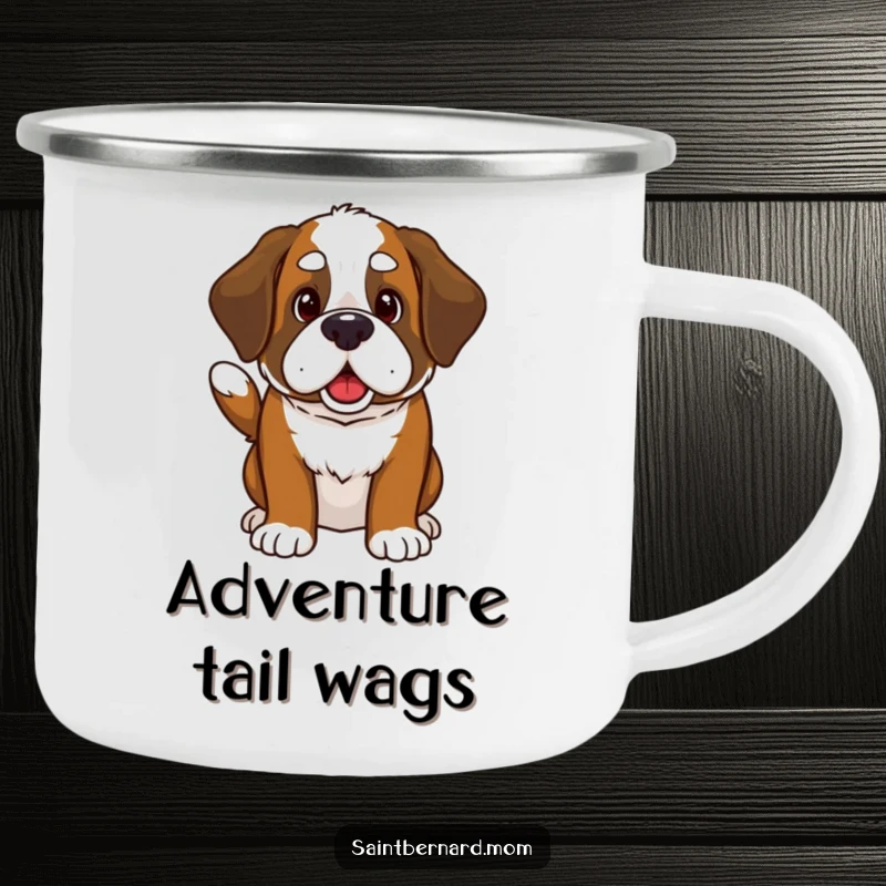 Funny Kawaii Saint Bernard camping mug featuring a cute dog invitingly wagging its thick tail, perfect for hot beverages on the go.