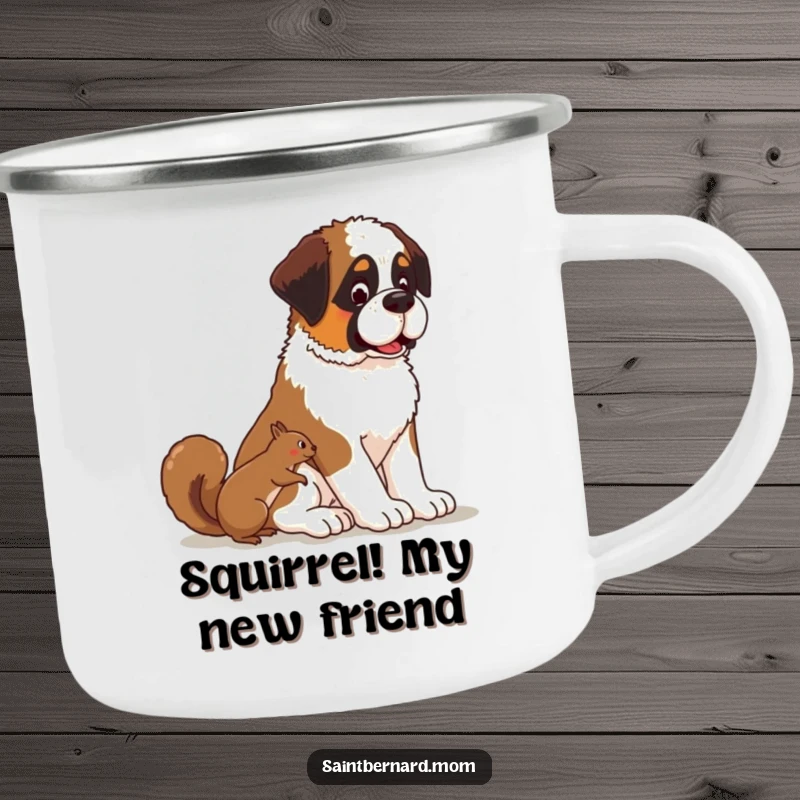 Funny Kawaii Saint Bernard dog camping mug, durable cup with a patient pup watching a squirrel, for peaceful drinks.