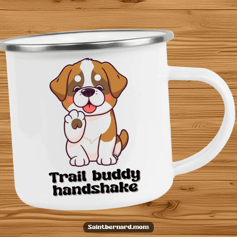 Funny Saint Bernard camping mug featuring a kawaii dog offering a paw, perfect for outdoor enthusiasts who love friendship.