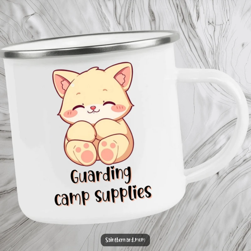 Funny camping mug featuring a character’s large paws curled protectively, ready for outdoor comfort and a dose of heartwarming security.