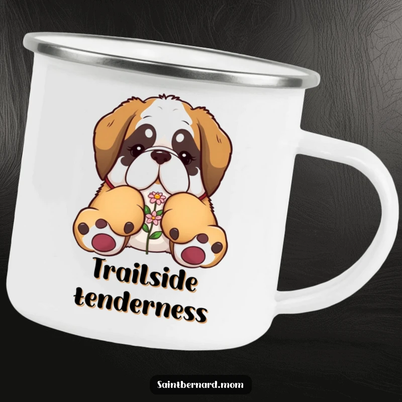 Funny Saint Bernard camping mug featuring a dog with enormous paws gently carrying a small flower, durable and charming.