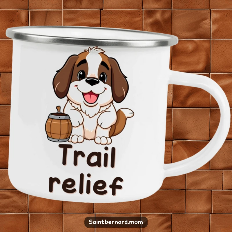 Funny Saint Bernard camping mug showing a large, happy Saint Bernard dog with a friendly grin and barrel, perfect for outdoor lovers.