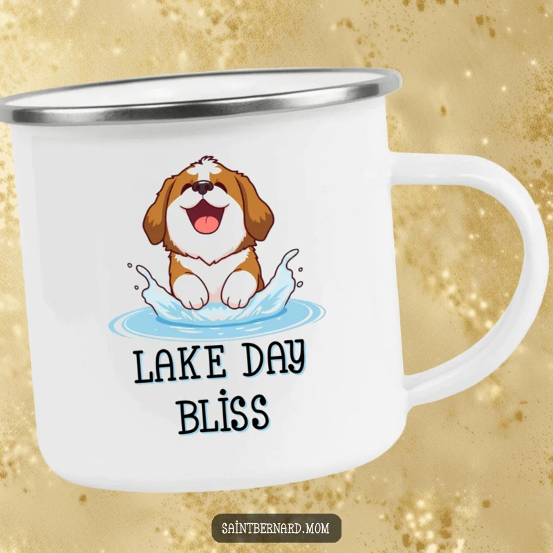 Funny Saint Bernard camping mug showing a happy Saint Bernard dog joyfully splashing in water, perfect for outdoor lovers.