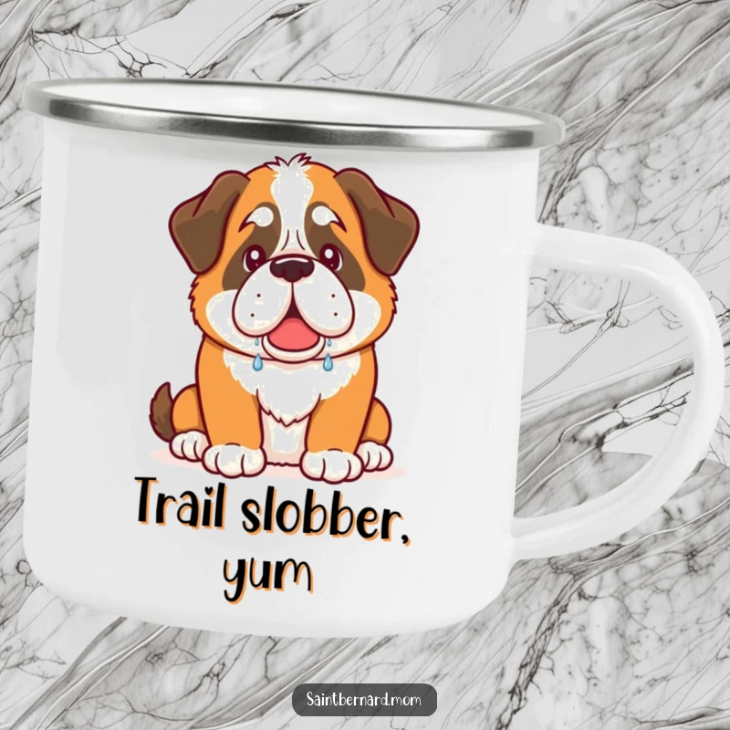 Funny Saint Bernard dog camping mug with warm, friendly drool, perfect for outdoor humor and dog fans.