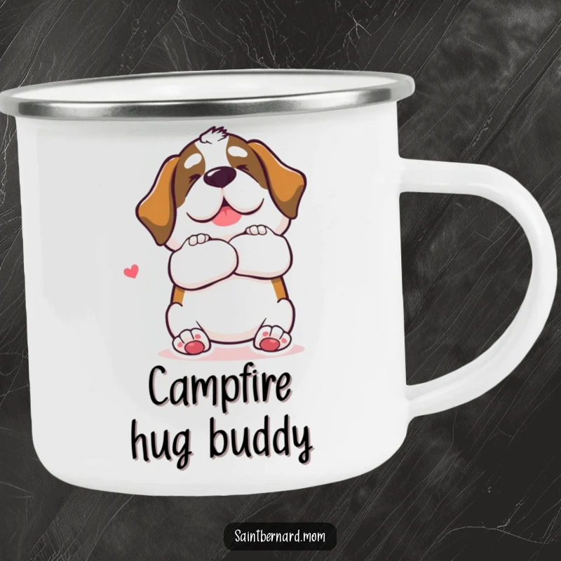 Funny Saint Bernard dog camping mug offering a giant, loving hug gesture, a humorous and comforting outdoor accessory.