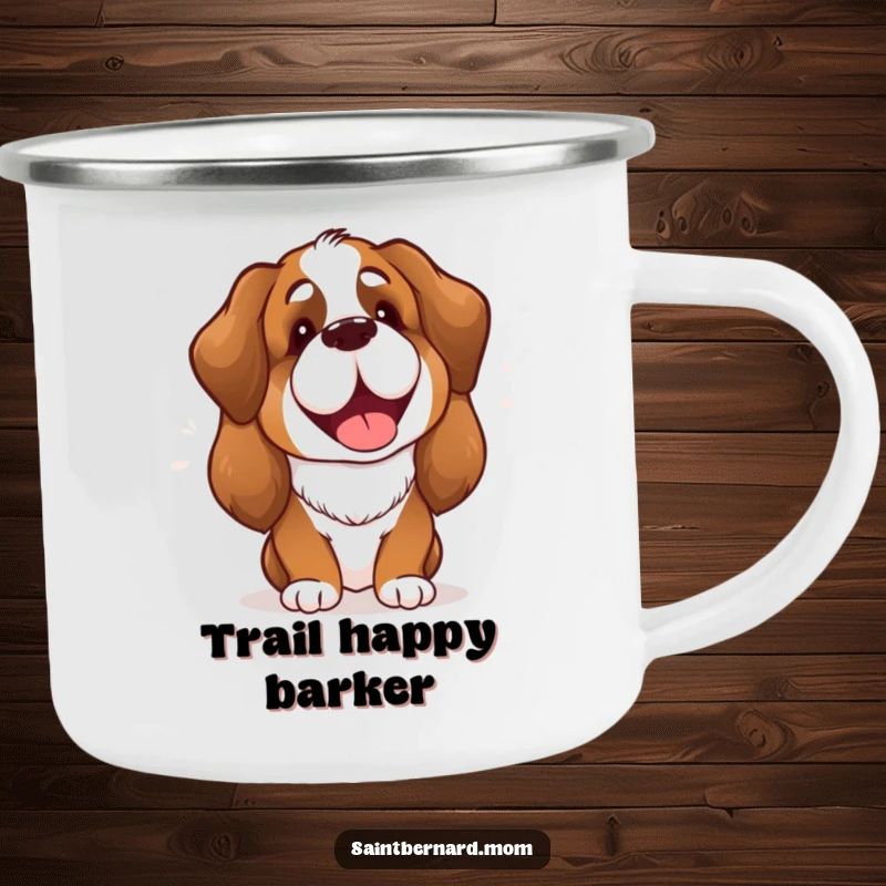 Funny Saint Bernard Lady Camping Mug featuring a cheerful dog with a happy bark, ideal for enjoying coffee by the campfire.