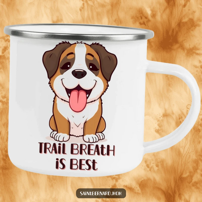 Funny Saint Bernard Lady Camping Mug, enthusiastically panting with joy, a durable and humorous mug for outdoor enthusiasts.